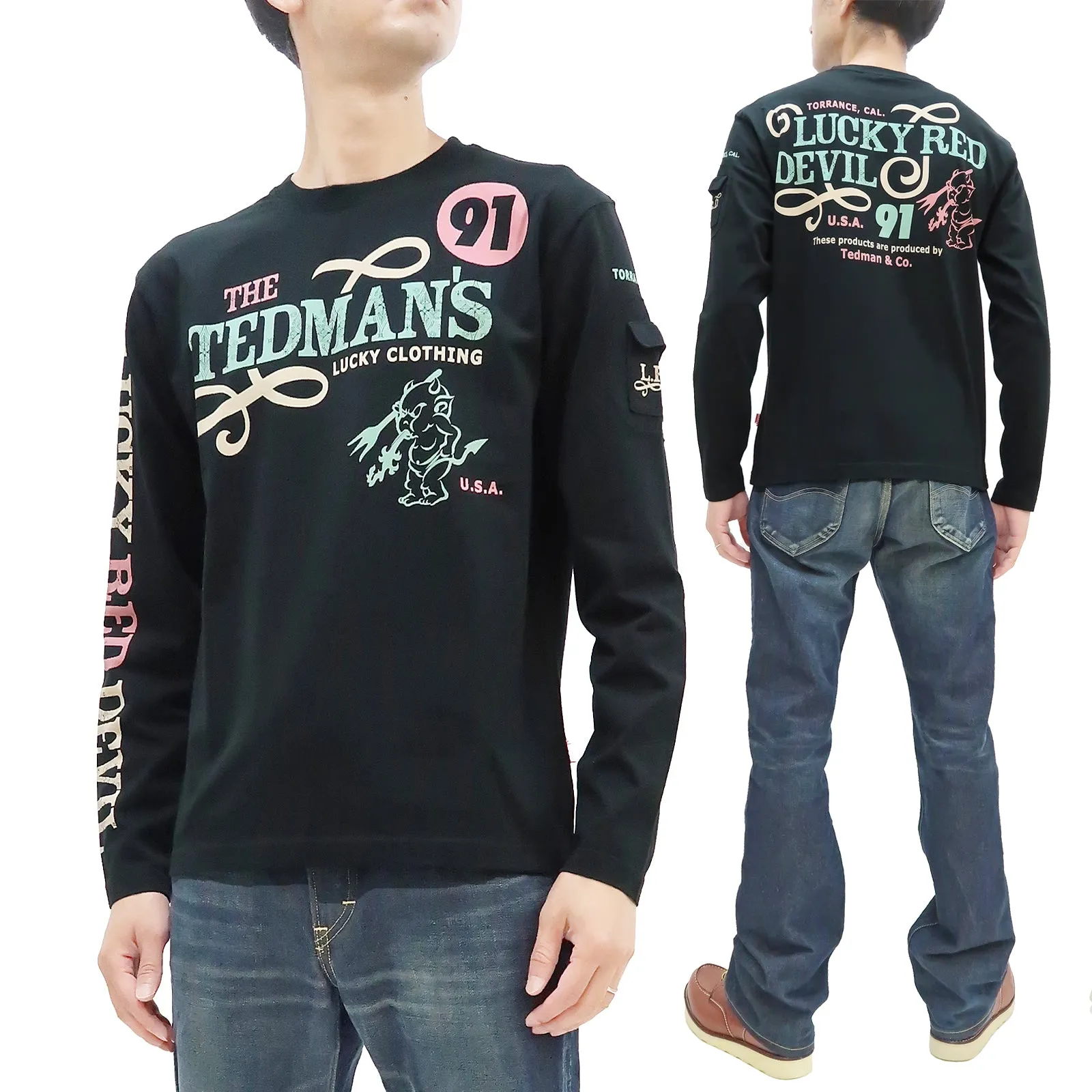 Tedman T-Shirt Men's Lucky Devil Graphic Long Sleeve Tee Efu-Shokai TDLS-350 Black