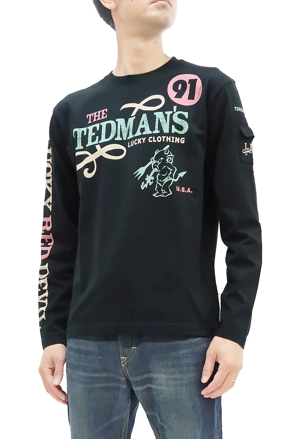 Tedman T-Shirt Men's Lucky Devil Graphic Long Sleeve Tee Efu-Shokai TDLS-350 Black