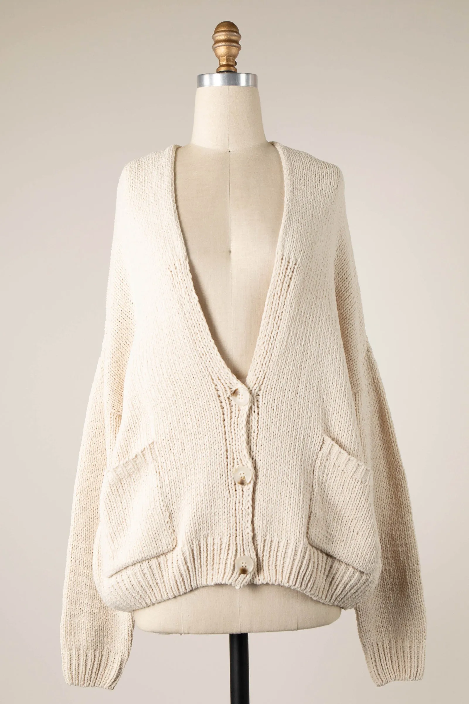 V Neck Button Down Cable Knit Chenille Cardigan