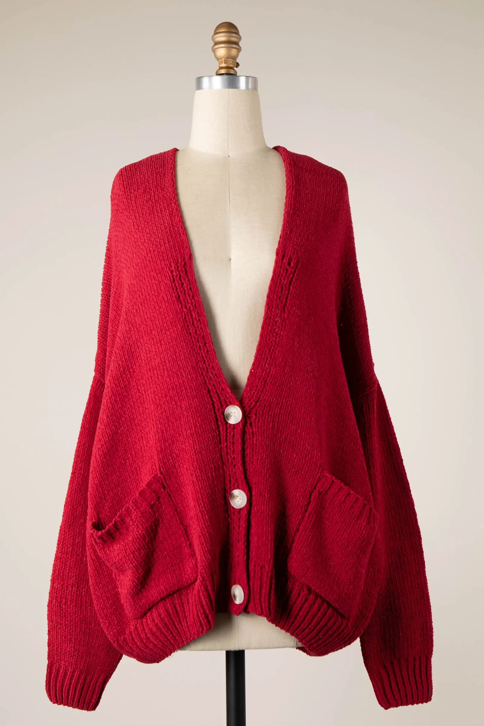 V Neck Button Down Cable Knit Chenille Cardigan