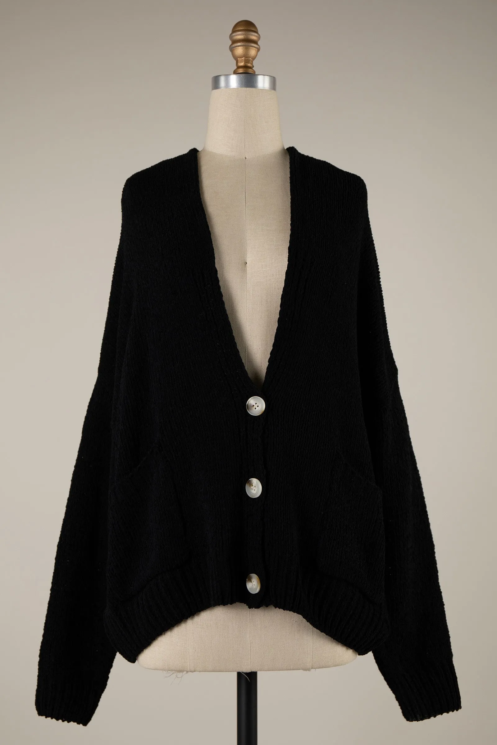 V Neck Button Down Cable Knit Chenille Cardigan