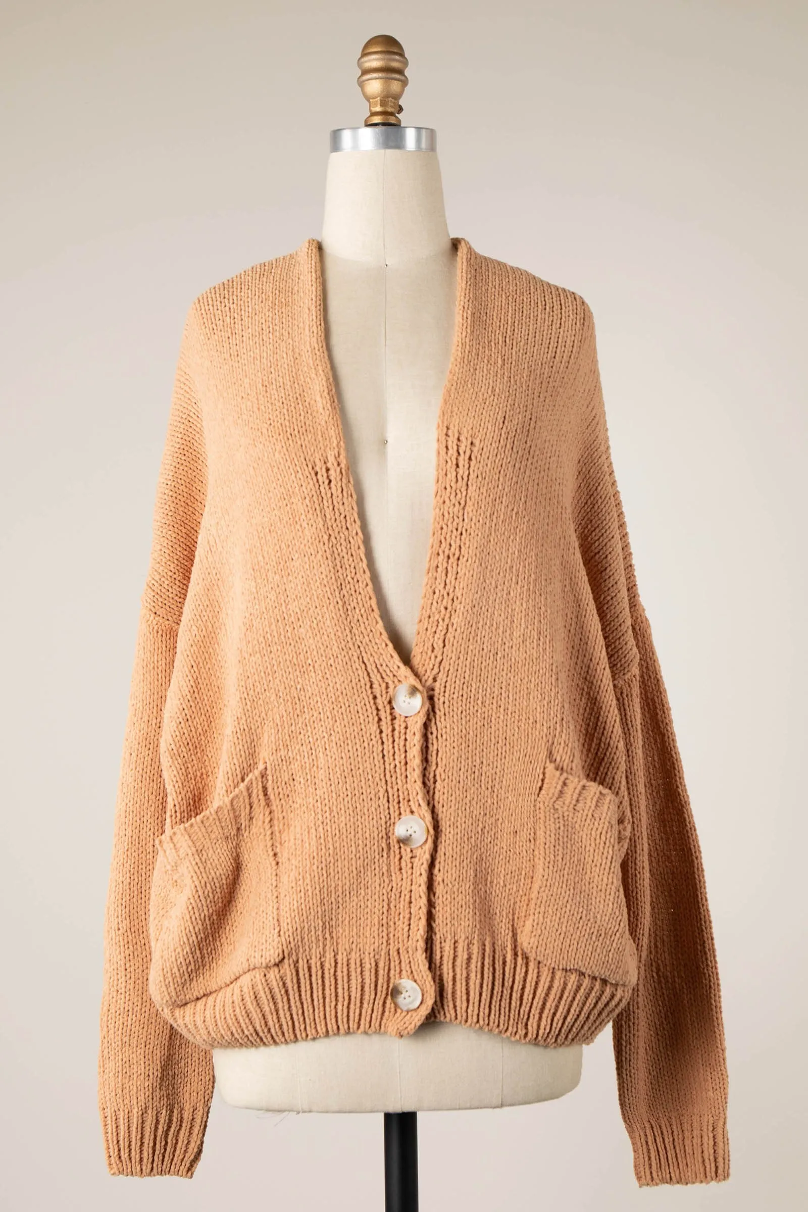 V Neck Button Down Cable Knit Chenille Cardigan