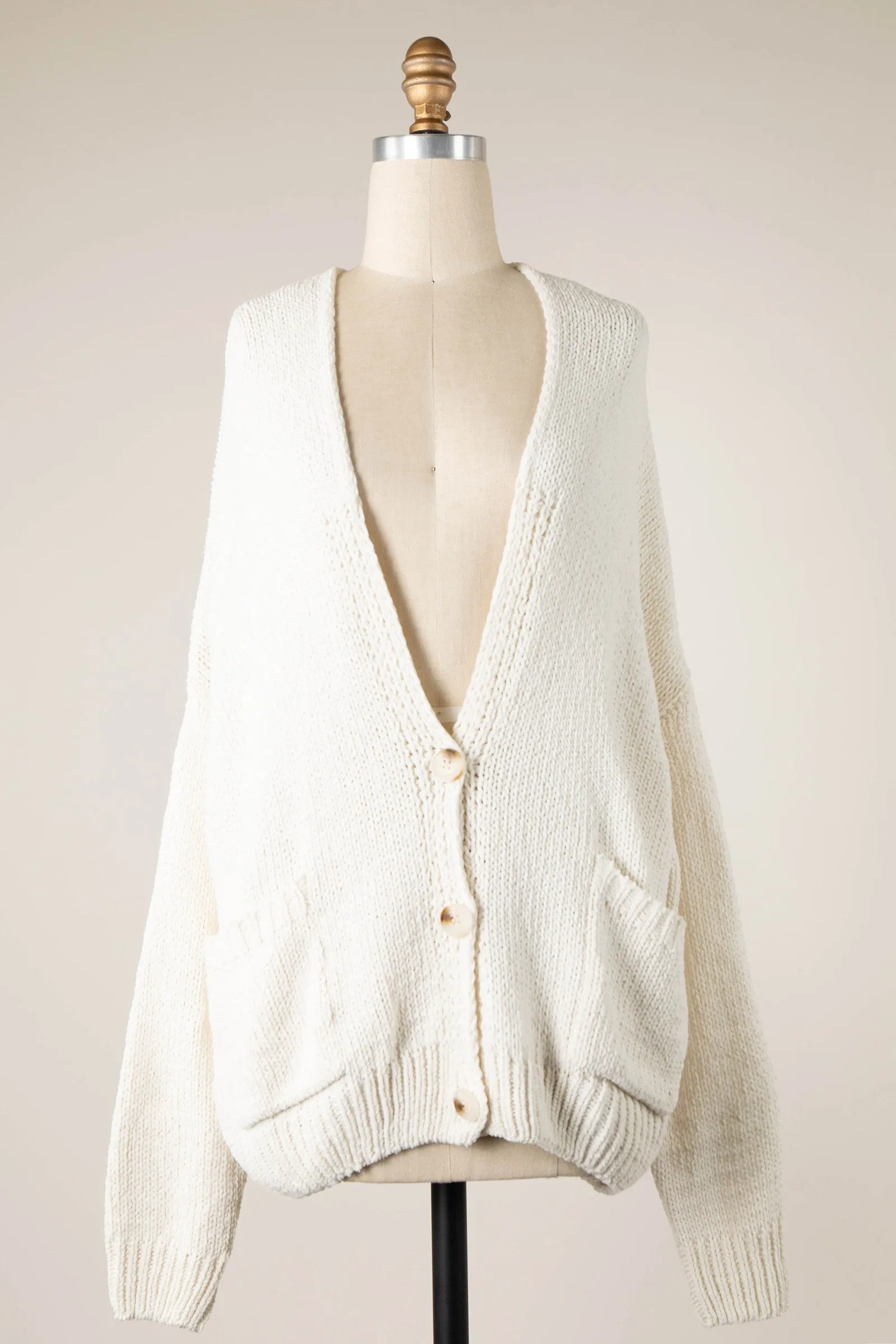 V Neck Button Down Cable Knit Chenille Cardigan