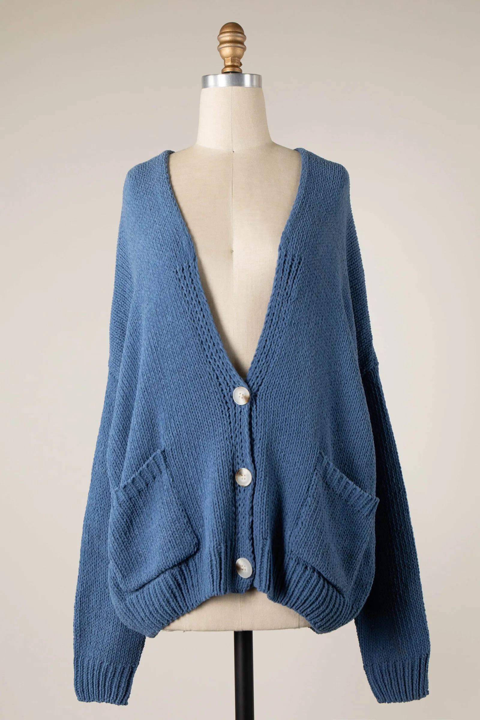 V Neck Button Down Cable Knit Chenille Cardigan