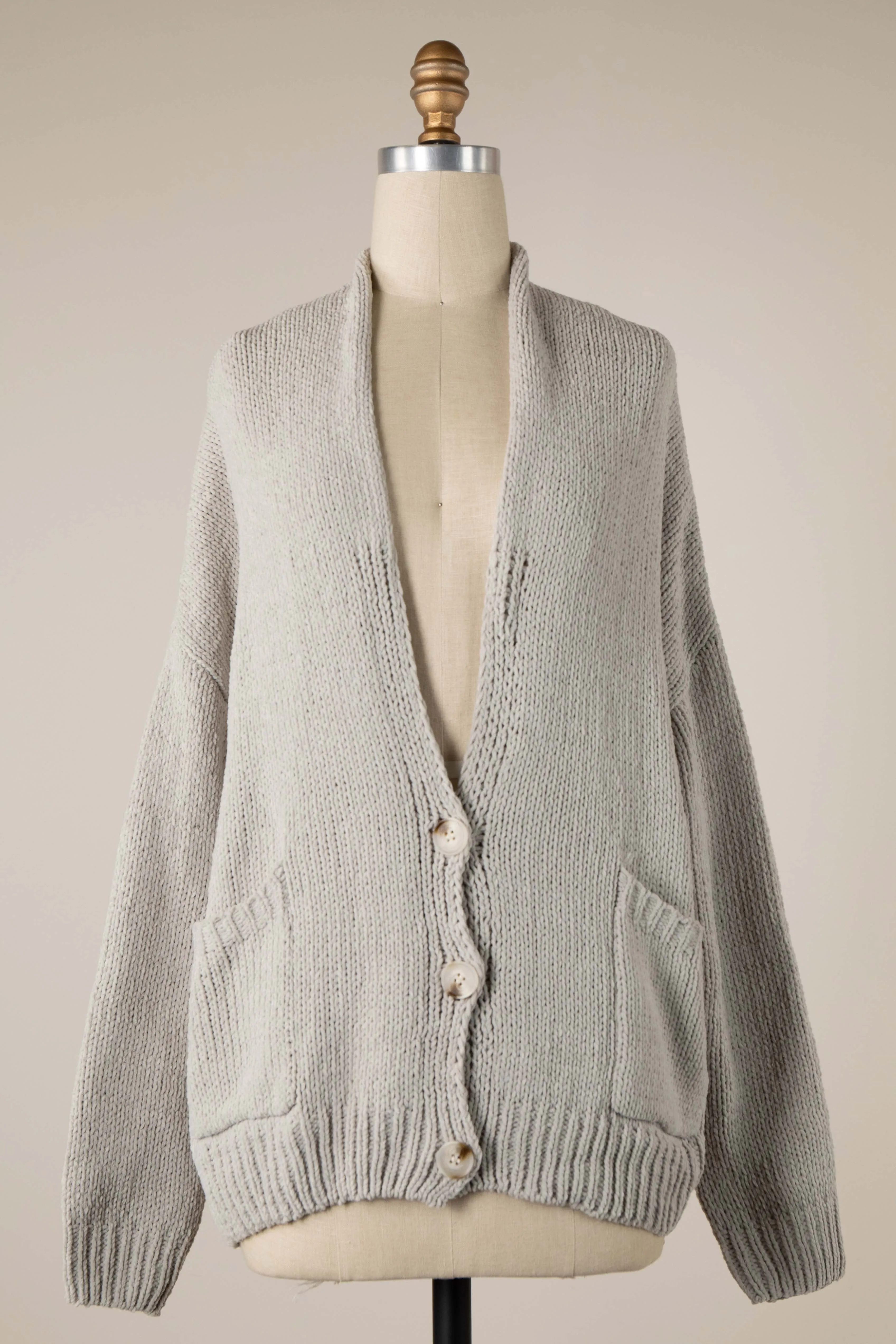 V Neck Button Down Cable Knit Chenille Cardigan