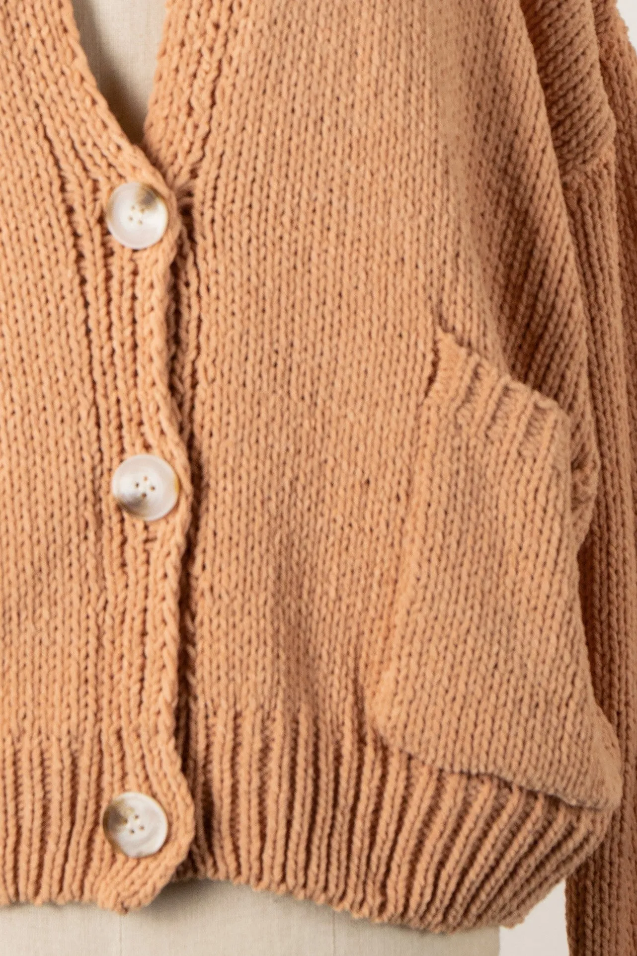 V Neck Button Down Cable Knit Chenille Cardigan