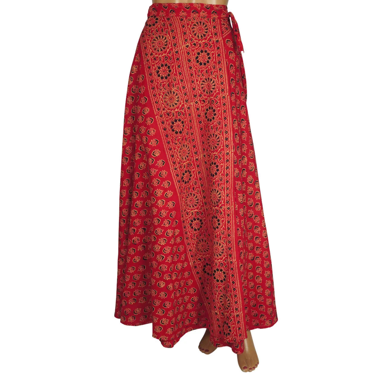 Vintage 1970s Indian Wraparound Skirt Block Print Red Cotton Hippie Festival