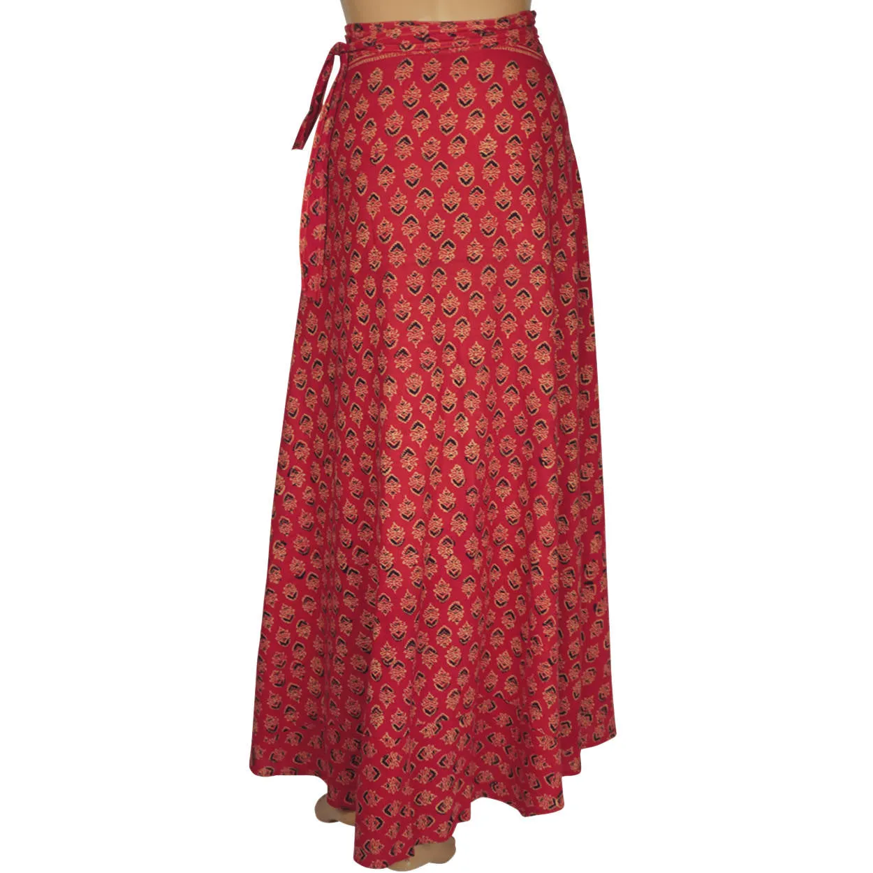 Vintage 1970s Indian Wraparound Skirt Block Print Red Cotton Hippie Festival