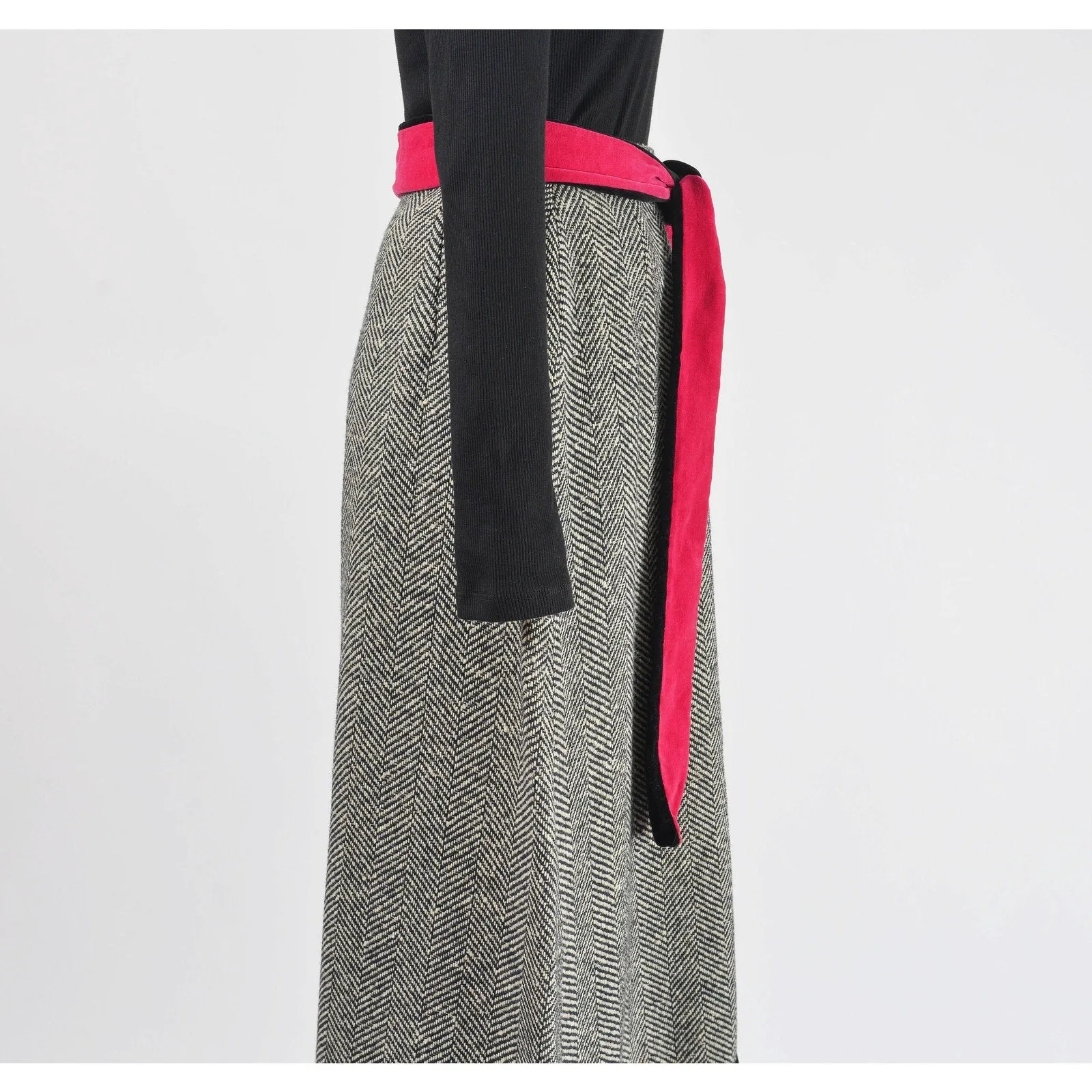 Vintage 70s Herringbone Wool A-line Maxi Skirt with Velvet Tie Belt Pink and Black size S