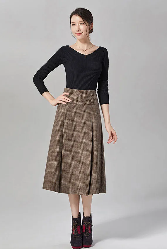 Vintage wool mid-calf  plaid A-line skirt for autumn J101