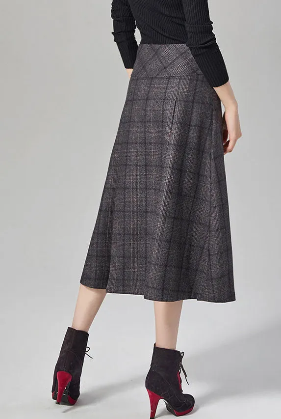 Vintage wool mid-calf  plaid A-line skirt for autumn J101