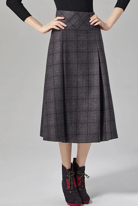 Vintage wool mid-calf  plaid A-line skirt for autumn J101