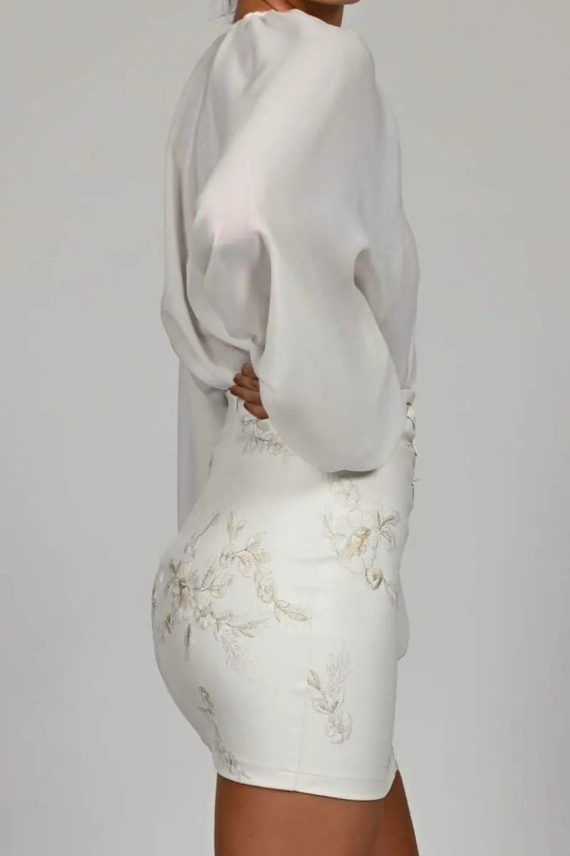 White Leather High Waist Floral Pencil Skirt