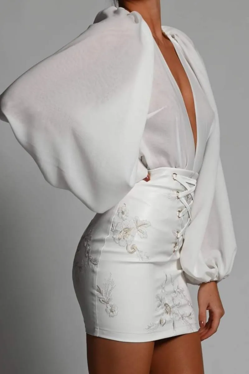 White Leather High Waist Floral Pencil Skirt