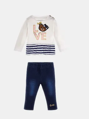 White Long Sleeve and Denim Leggings Set (3-18M)