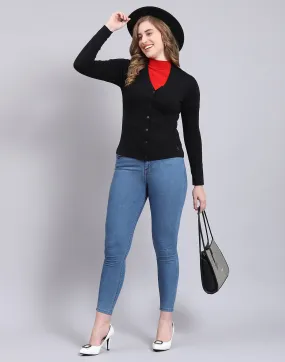 Women Black Solid V Neck Full Sleeve Cardigan