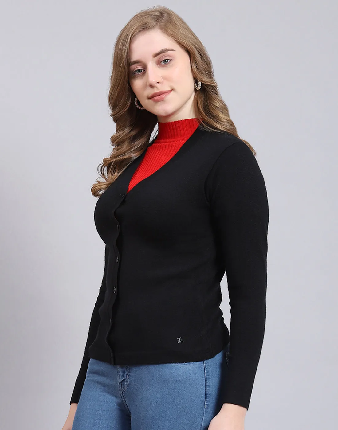 Women Black Solid V Neck Full Sleeve Cardigan