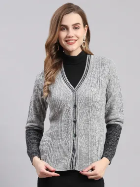 Women Grey Self Design V Neck Full Sleeve Cardigans