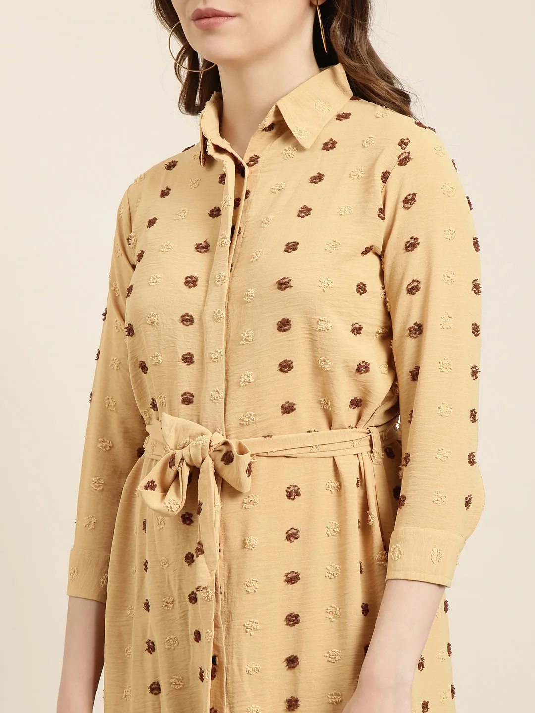 Women Mustard Self Design Shirt Dress