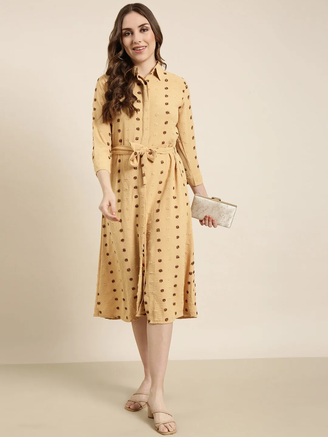 Women Mustard Self Design Shirt Dress