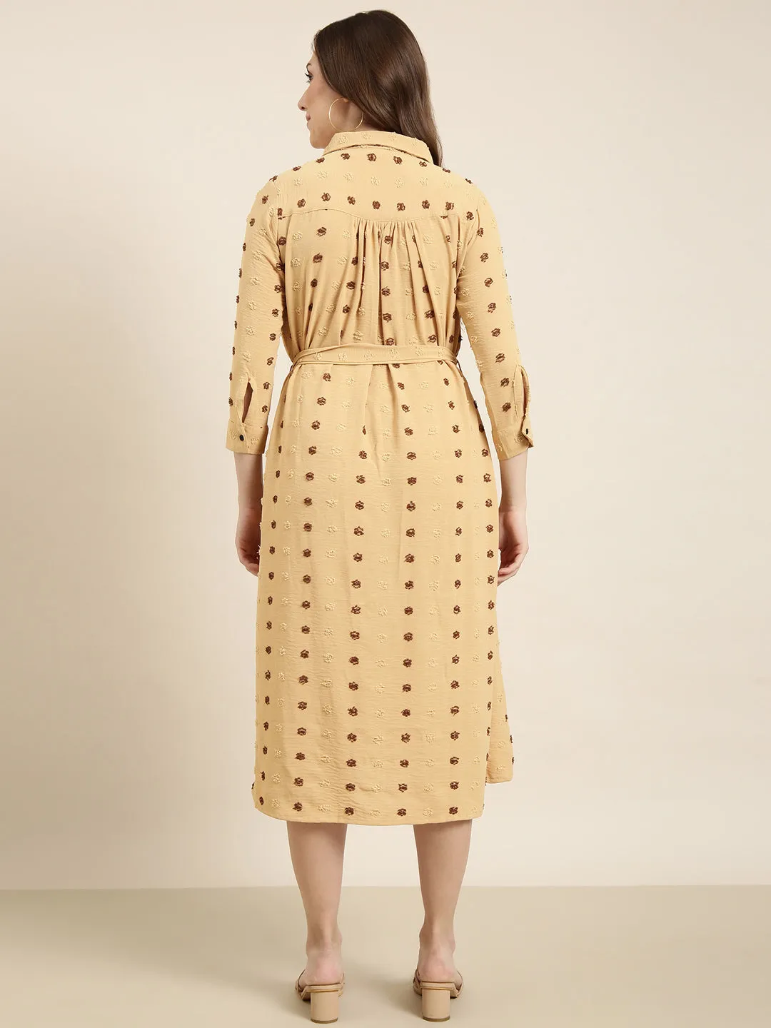 Women Mustard Self Design Shirt Dress