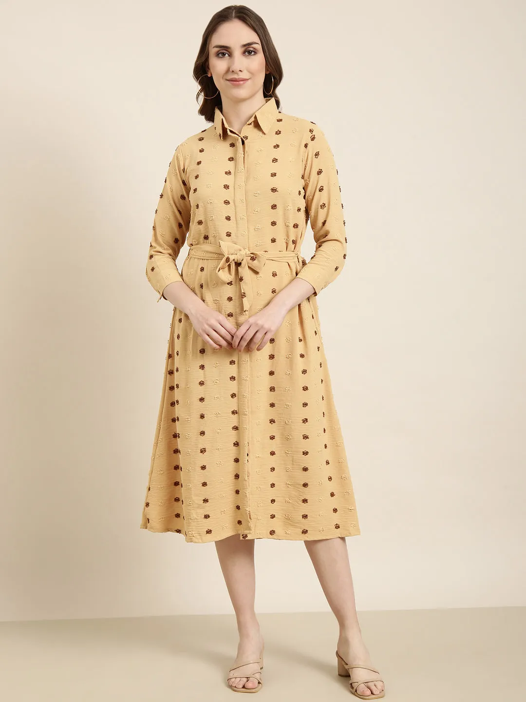 Women Mustard Self Design Shirt Dress