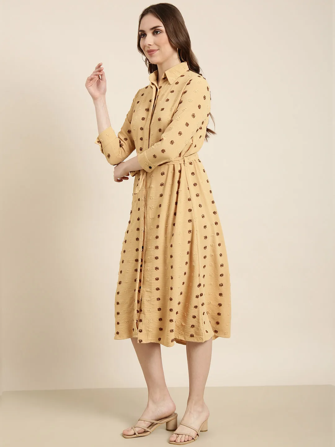 Women Mustard Self Design Shirt Dress