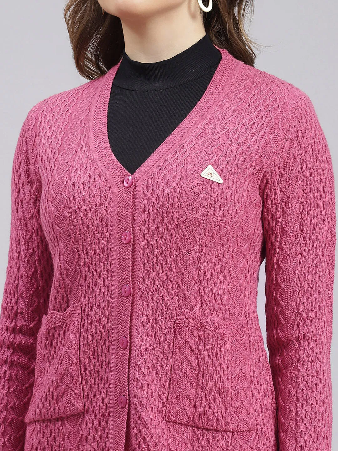 Women Pink Self Design Wool blend Cardigan