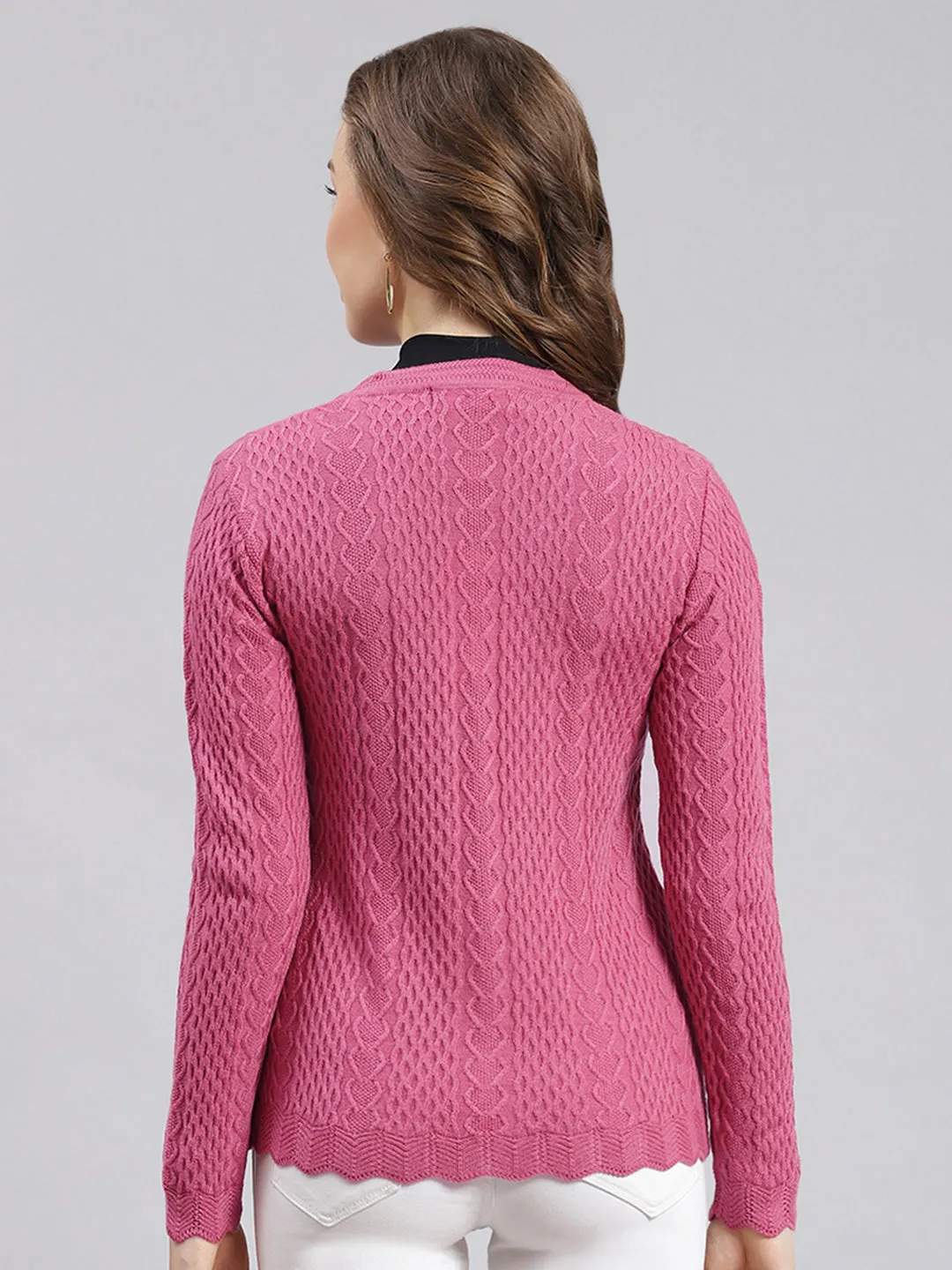 Women Pink Self Design Wool blend Cardigan