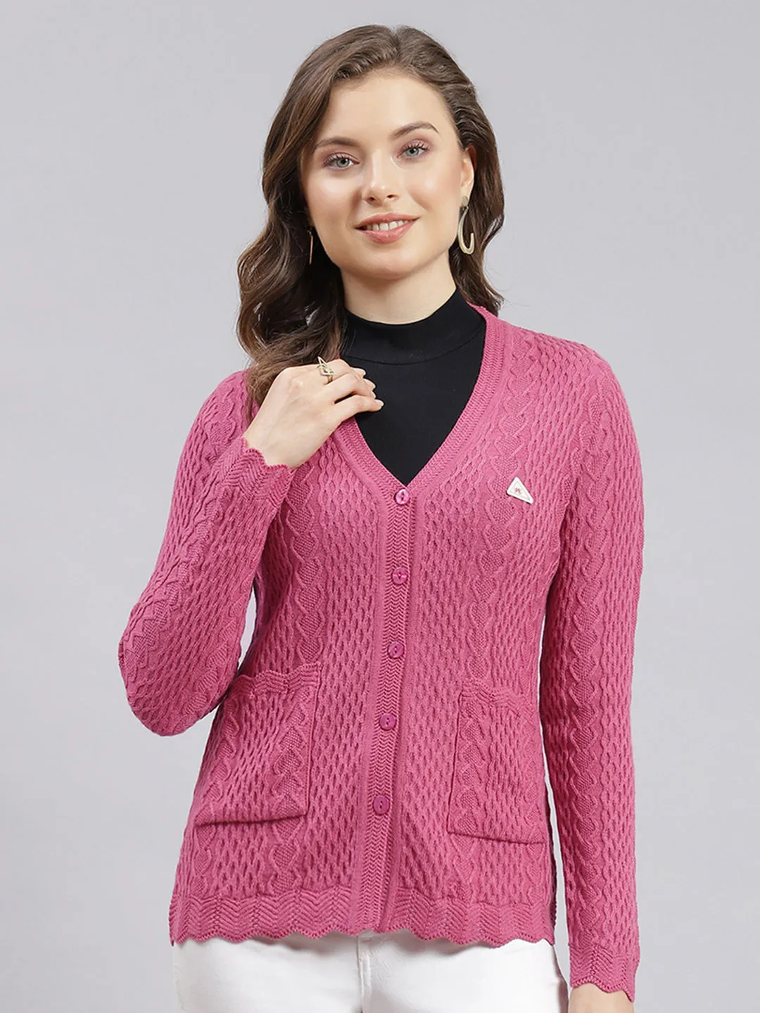 Women Pink Self Design Wool blend Cardigan