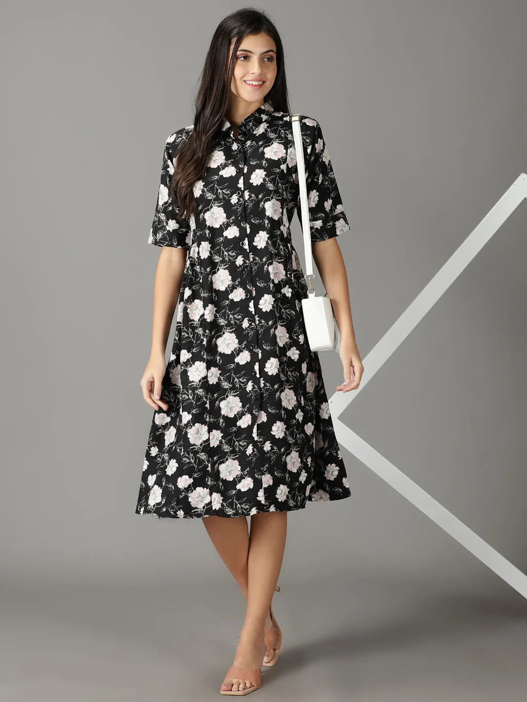 Women's Black Printed Shirt Dress