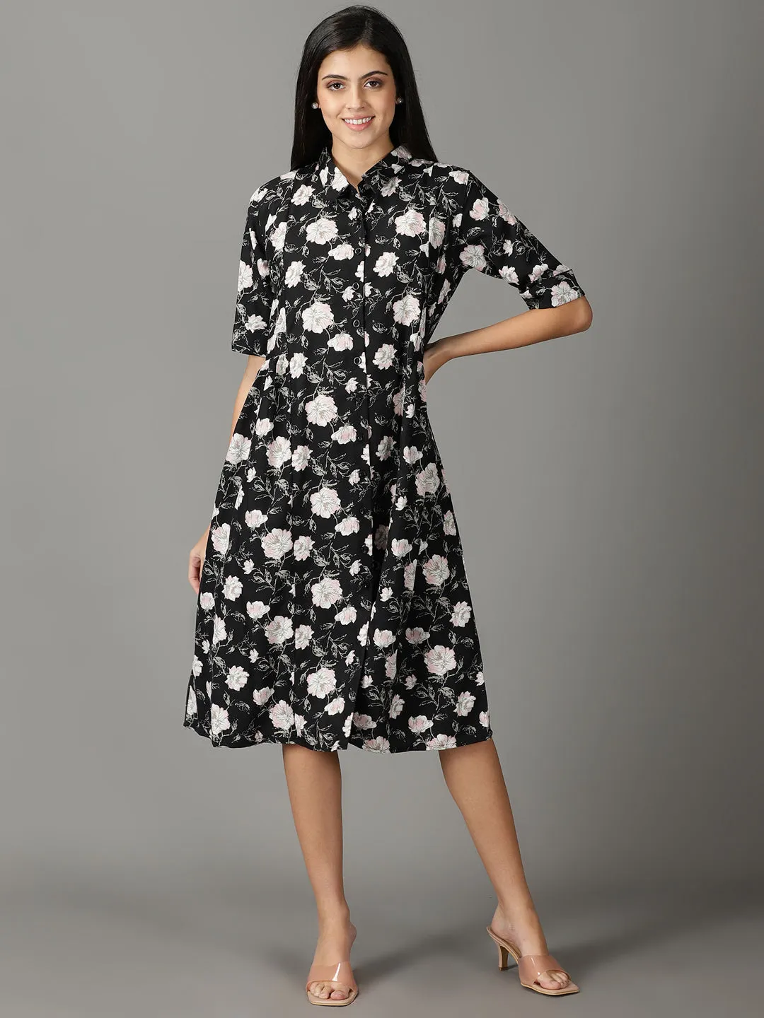 Women's Black Printed Shirt Dress