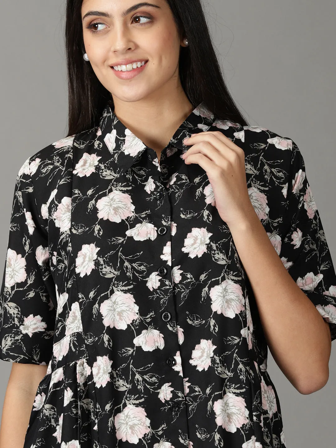 Women's Black Printed Shirt Dress