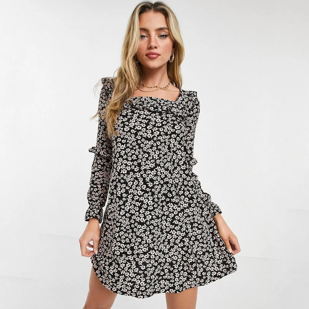 Women's Floral Dress With Ruffle Detail,Black