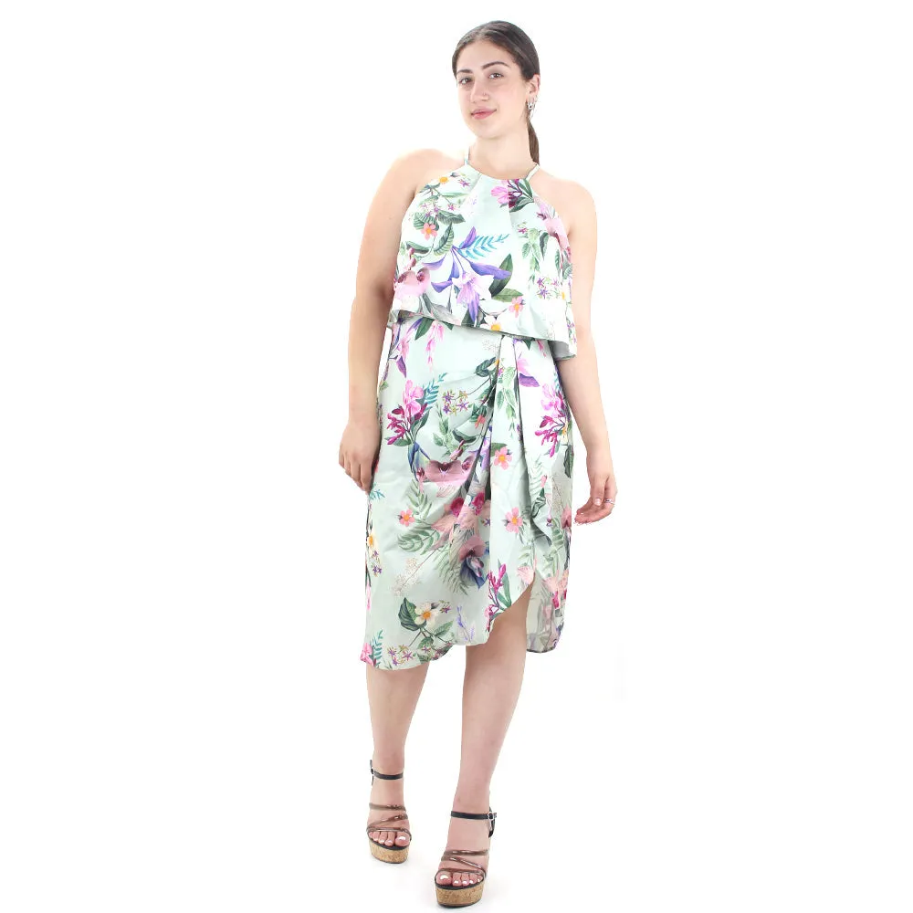 Women's Halter Neck Floral Midi Dress,Light Green