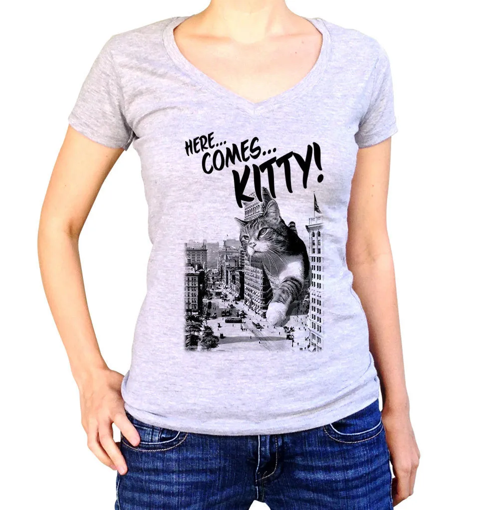 Women's Here Comes Kitty Vneck T-Shirt Funny Giant Cat TShirt