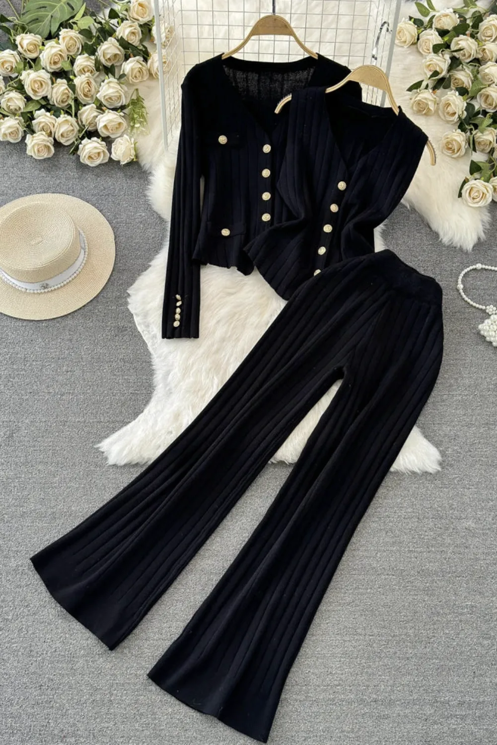 Womens Ribbed Cardigan & Wide-Leg Pant Set