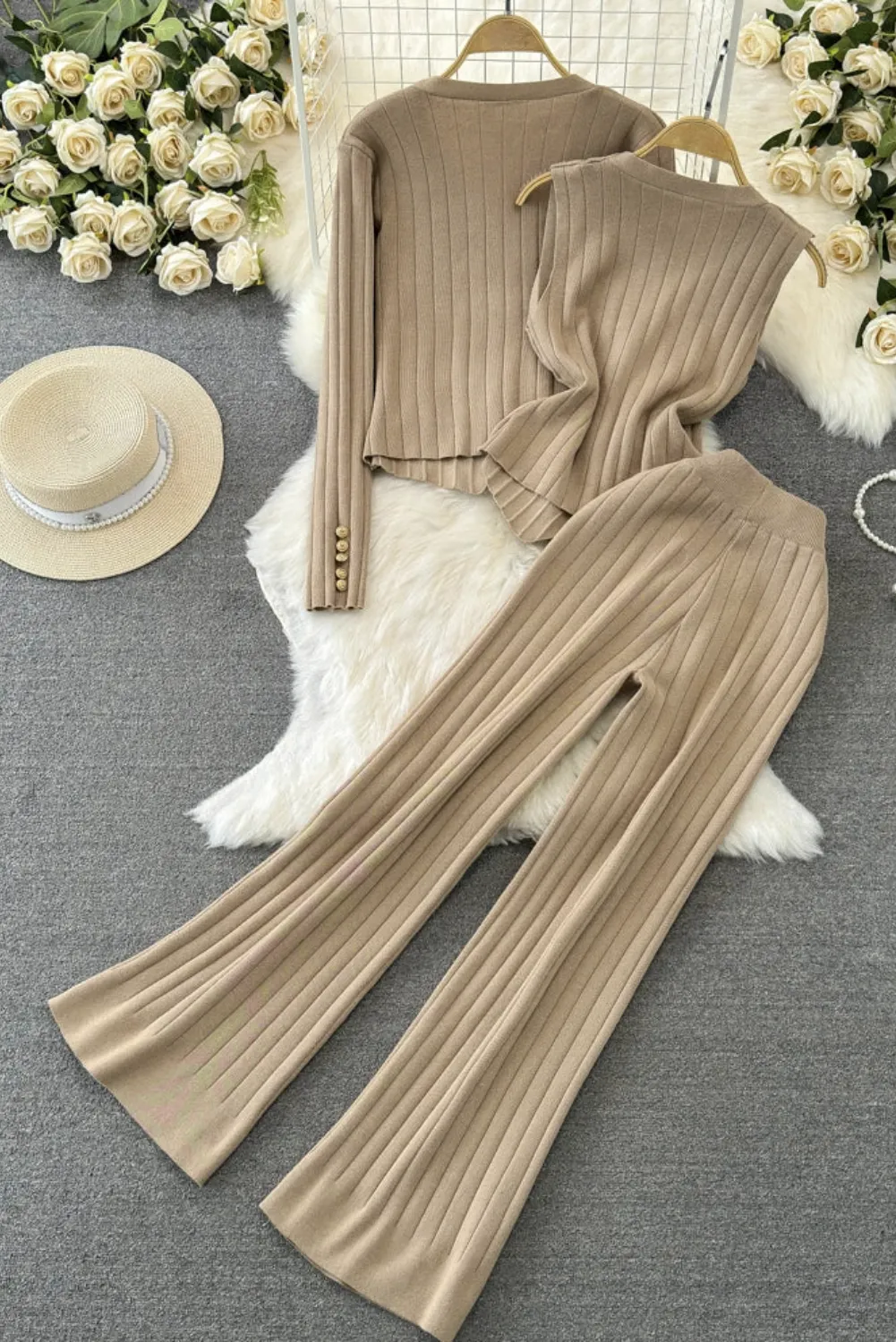 Womens Ribbed Cardigan & Wide-Leg Pant Set