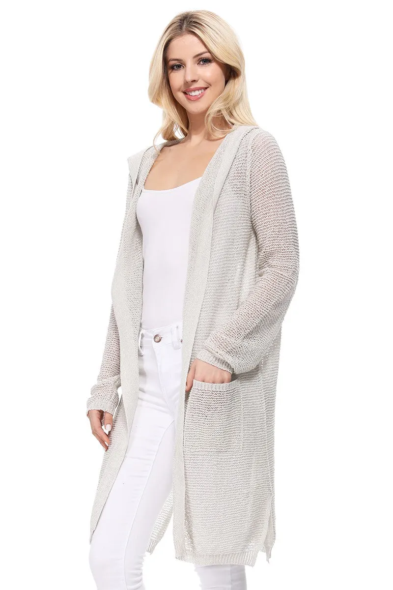 Yemak Women's Long Sleeve Open Front Knit Long Sweater Summer Cardigan with Pockets and Hoodie HK8266