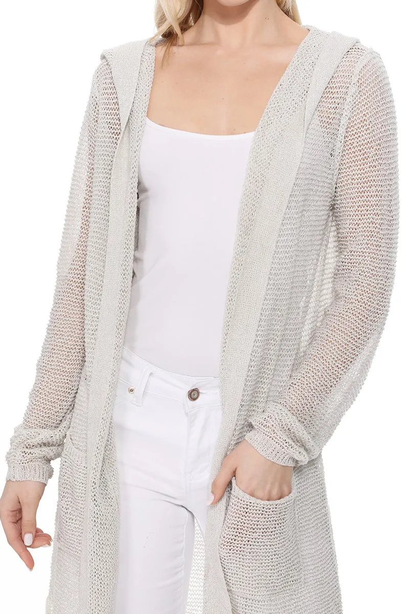 Yemak Women's Long Sleeve Open Front Knit Long Sweater Summer Cardigan with Pockets and Hoodie HK8266