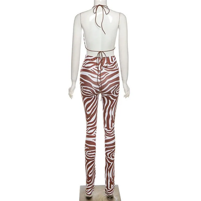 Zebra Print Halter Backless Crop Bra Skinny Leggings Co-ord Suit