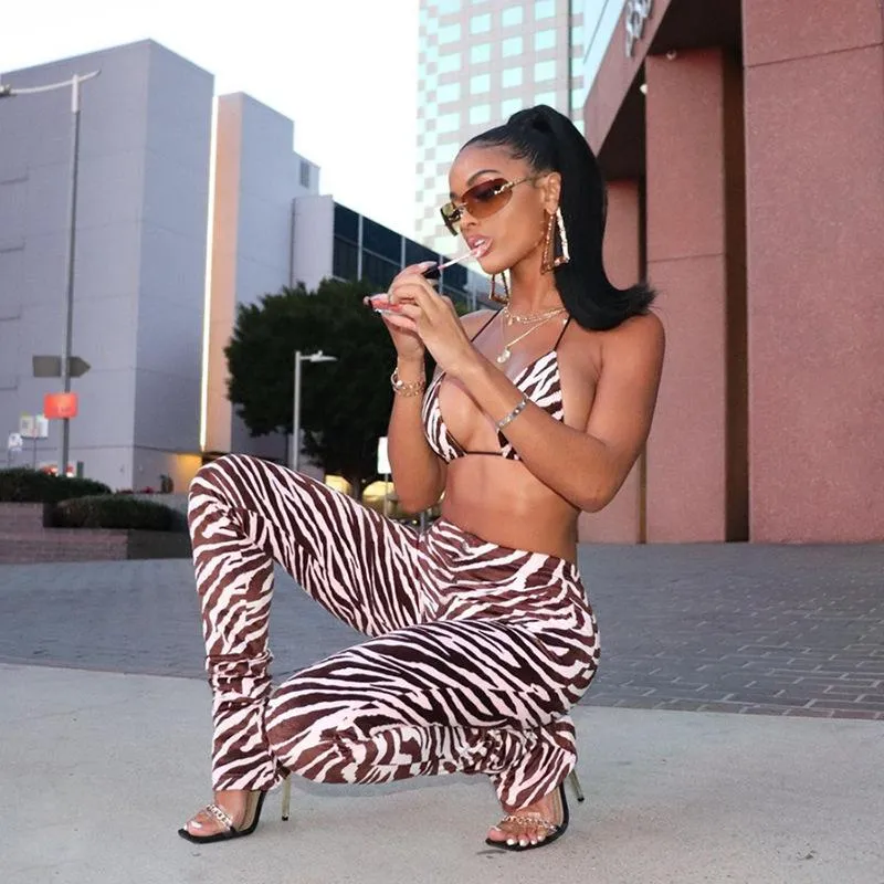 Zebra Print Halter Backless Crop Bra Skinny Leggings Co-ord Suit